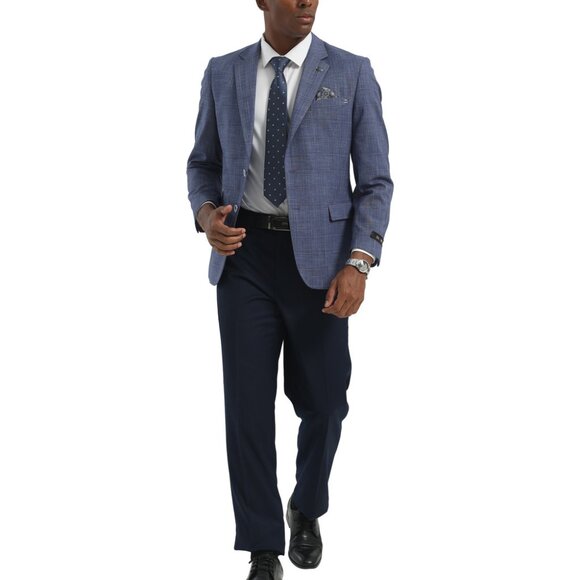 Blue Textured Windowpane Notch Lapel Slim Fit Tazzio Men's Jacket - Picture 2 of 4